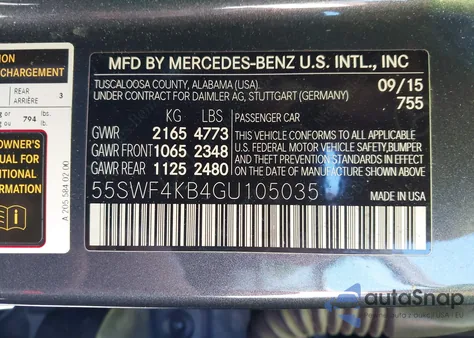 2016 Mercedes-Benz C 300 4Matic from USA, damaged, VIN 55SWF4KB4GU105035